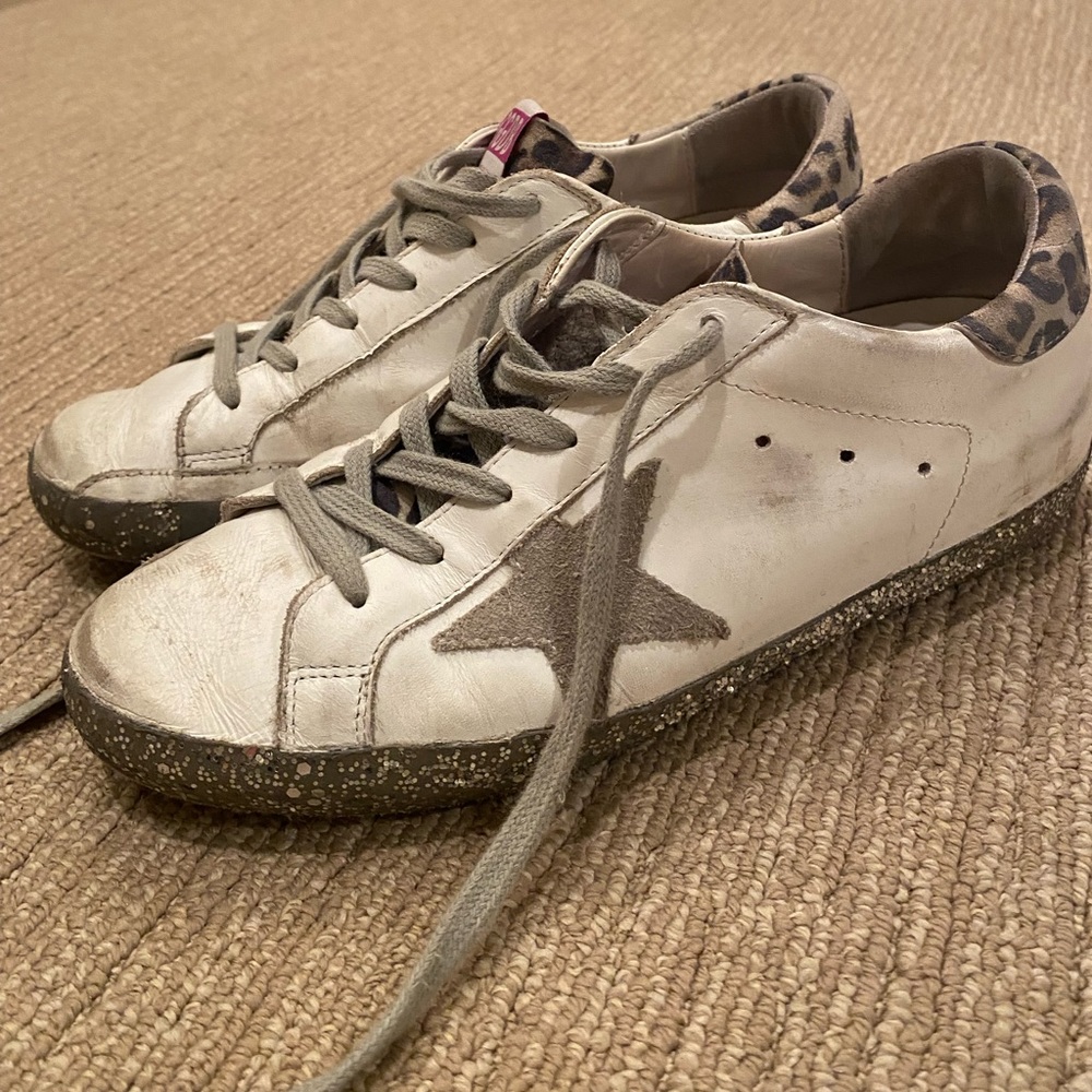 White silver and cheetah print golden goose low top sneakers